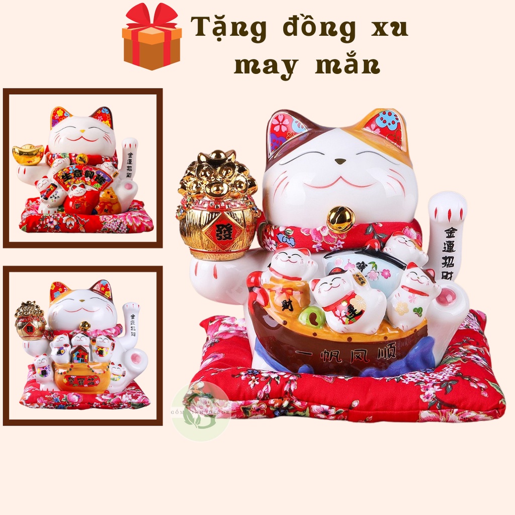 Mèo Thần Tài 16cm Vẫy Tay Mèo May Mắn Chiêu Tài Lộc Maneki Neko Nhật Bản Bằng Gốm Sứ