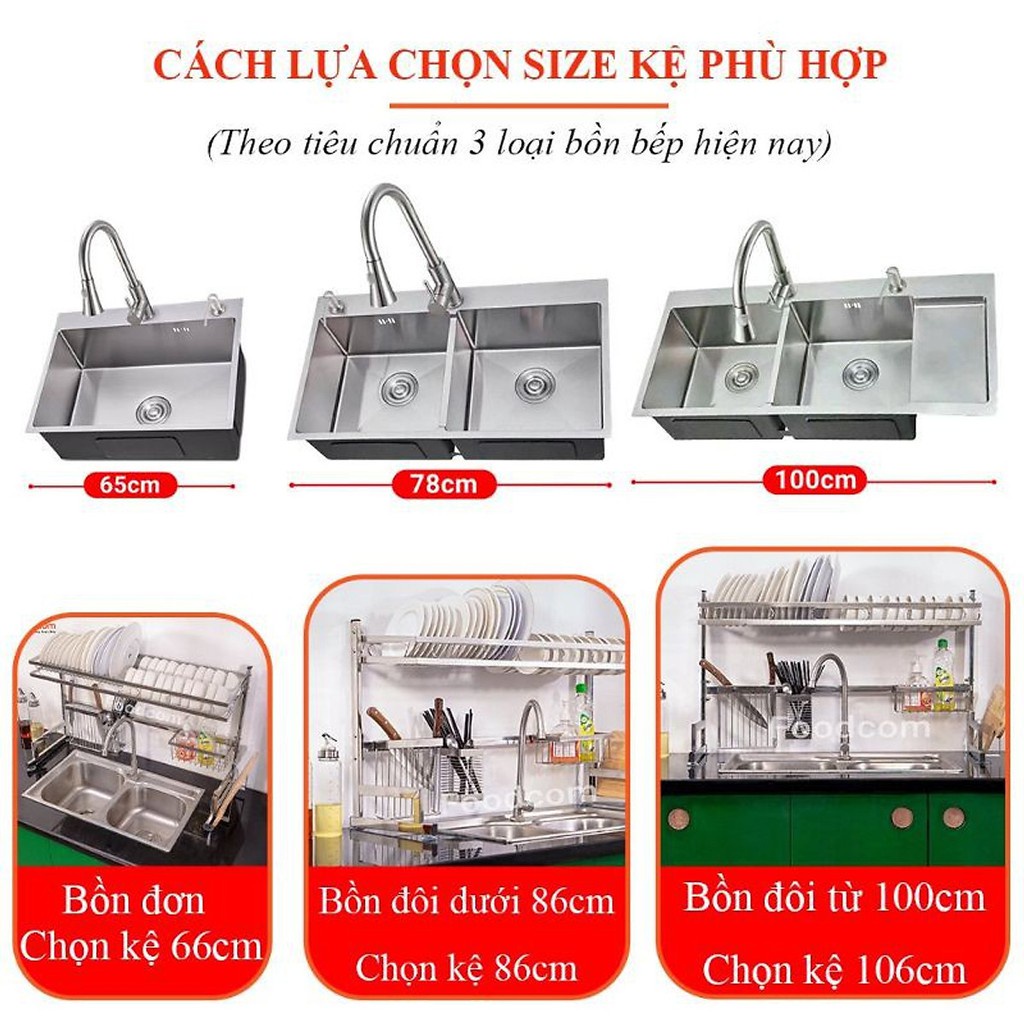 Kệ Chén Bát Thông Minh INOX 304 1 - 2 Tầng Foodcom , Giá Đựng Bát Đĩa Kèm Các Phụ Kiện Tiện Ích Inox