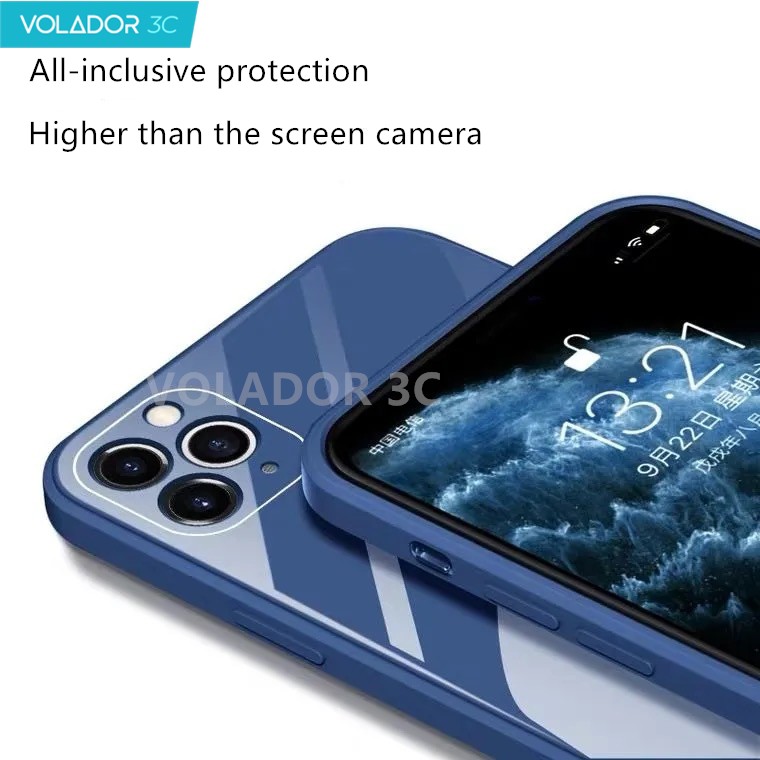 Ốp lưng thủy tinh Iphone Silicone lỏng chống trượt Cạnh vuông 9H Cứng cho iPhone 12 11 Pro Max XR XS Max 6 6s 7 8 Plus Chống va đập Vỏ bảo vệ máy ảnh