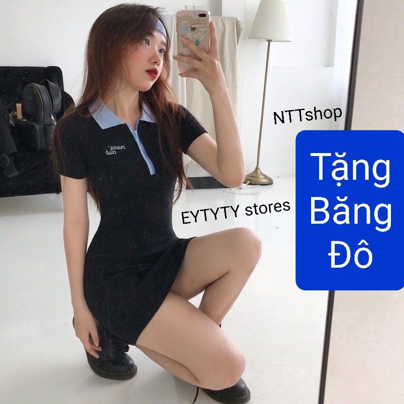 Đầm cổ xanh polo dây kéo dáng ôm body / Váy polo cổ xanh tay ngắn