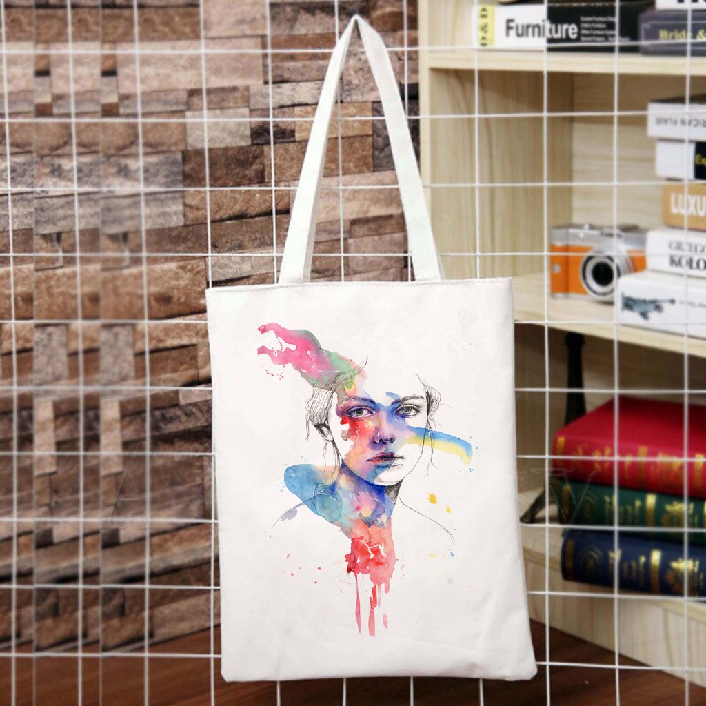 Túi Tote Vải Canvas In hình Cô Gái Có Khóa Kéo