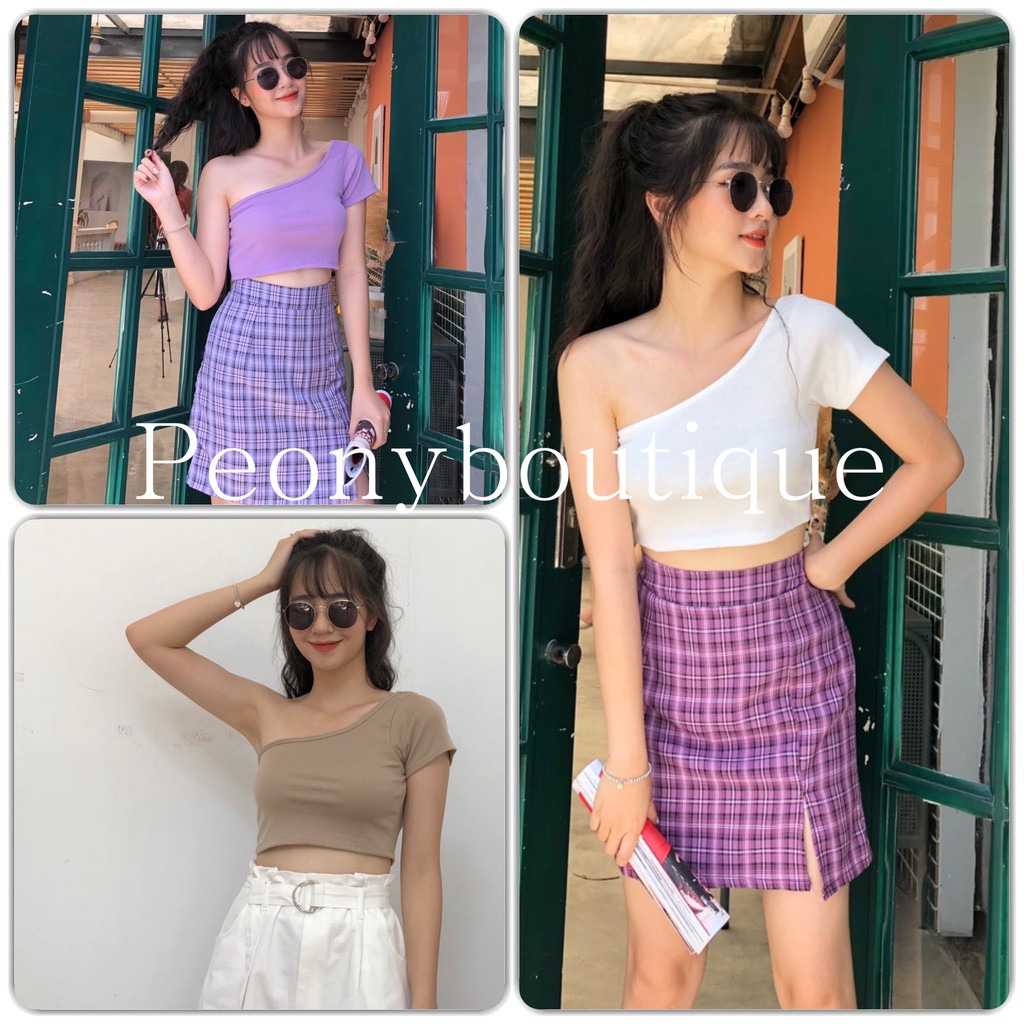 Croptop Len Tăm Lệch Vai Nữ [FREESHIP]🌸 Áo phông thun gân nhỏ cộc tay basic trơn màu Đen | Trắng | Nâu | Tím Ulzzang 🌸