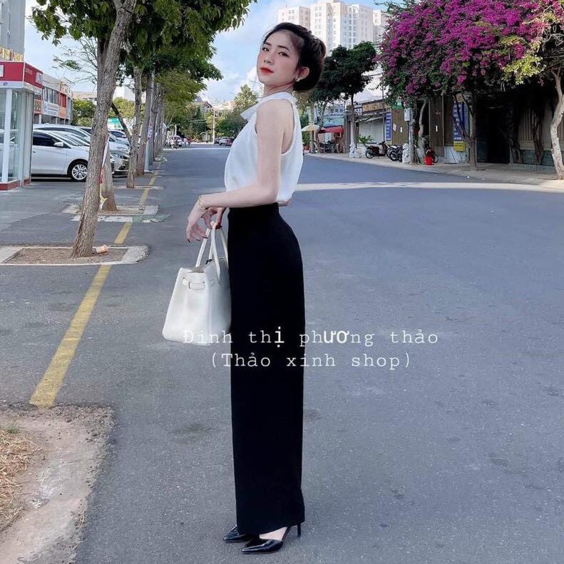 Set bộ áo nữ cổ yếm kèm quần ống suông xinh xắn chất mềm thời trang