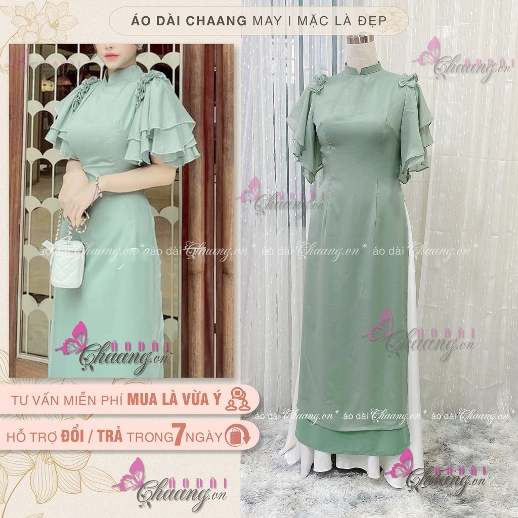 Áo dài cách tân nữ công sở Áo dài 4 tà tay loe cánh tiên lụa tơ óng xanh Mint đẹp