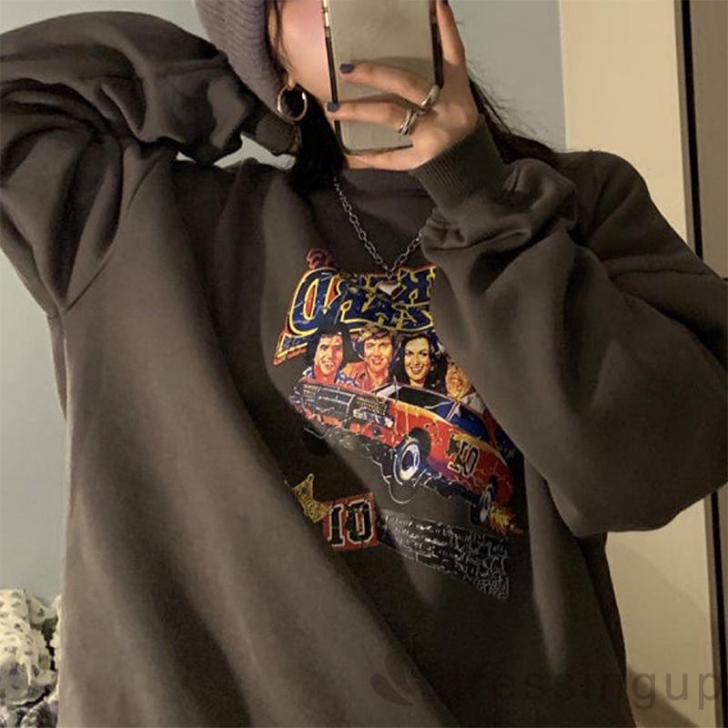 Áo nỉ tay dài cổ tròn dáng rộng in họa tiết hoạt hình thời trang cho nữ