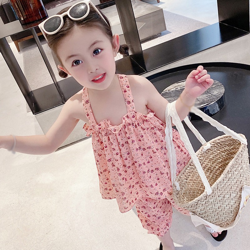 Bộ Áo Hai Dây Họa Tiết Hoa + Quần Dài Phong Cách Hàn Quốc Cho Bé Gái