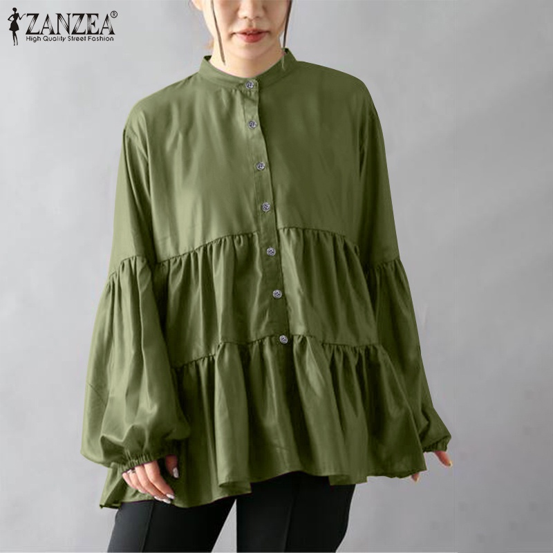 Áo kiểu Zanzea tay phồng dài chất liệu co giãn đính nút thời trang cho nữ