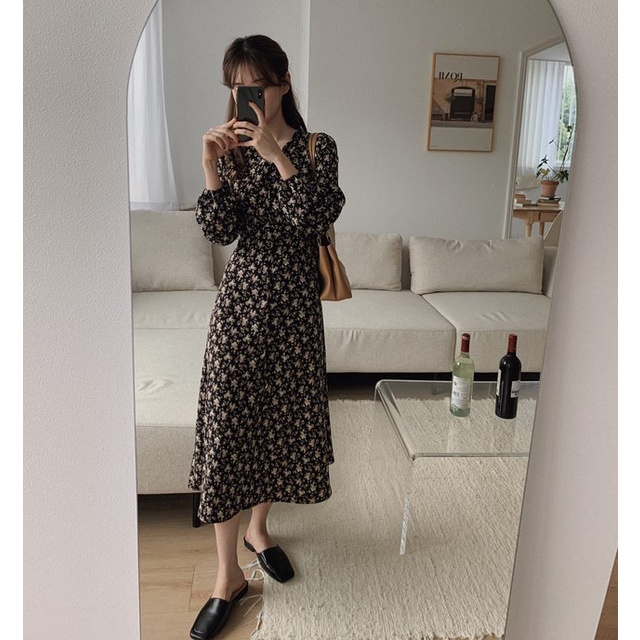 Đầm midi tay dài cổ chữ v họa tiết hoa phong cách retro 45981