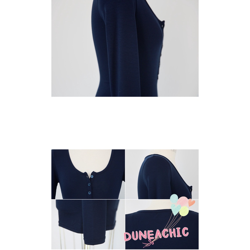 DUNEA Áo Thun Tay Dài Cổ Tròn Phối Hàng Nút Kiểu Dáng Quyến Rũ