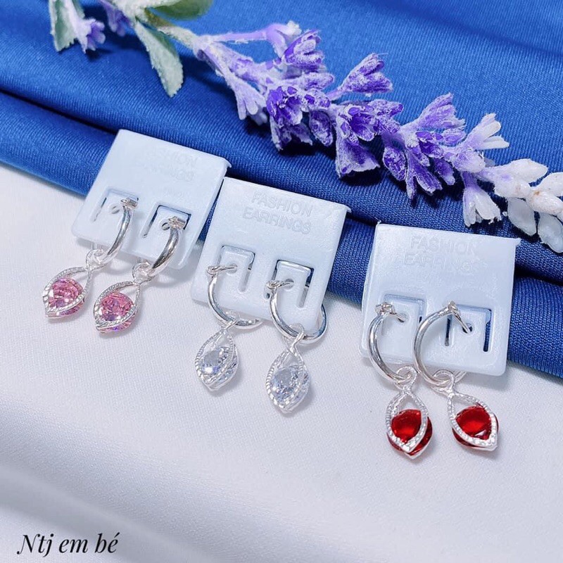 BÔNG TAI BẠC KHOEN TRÒN MẶT ĐÁ CHO BÉ GÁI