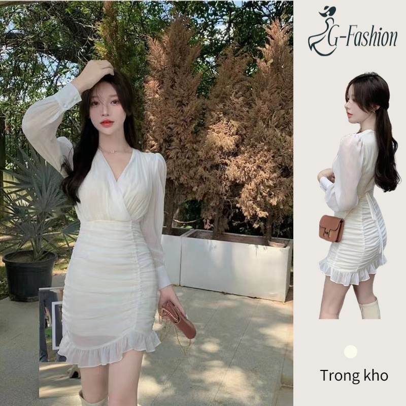 Váy trắng thanh lịch của pháp phụ nữ dài tay Thiết kế Đầm voan ngắn dáng ôm