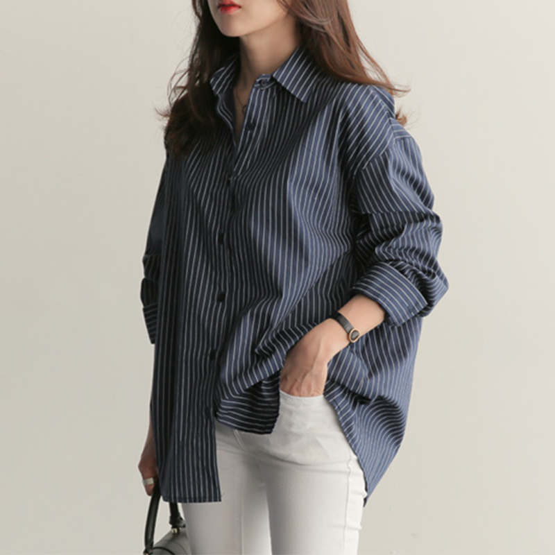 Áo sơ mi họa tiết kẻ sọc thời trang retro Hàn Quốc cá tính cho nữ