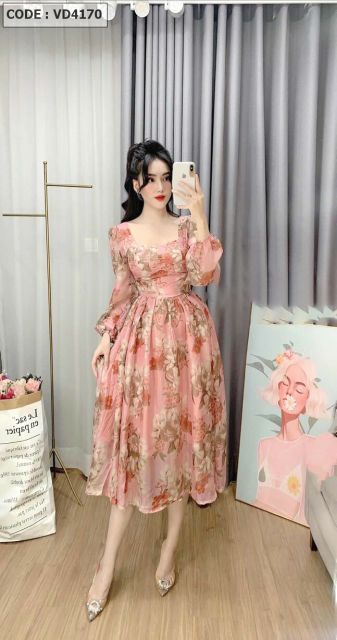 VD4170 - Đầm voan xoè in hoa tay dài