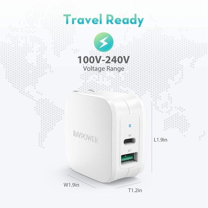 Củ Sạc Nhanh 18w 2 Cổng RAVPower RP-PC113 Usb Type C PD MFI cho iPhone iPad IP 6 7 8 Plus 10 11 12 Pro max x xs cốc cóc