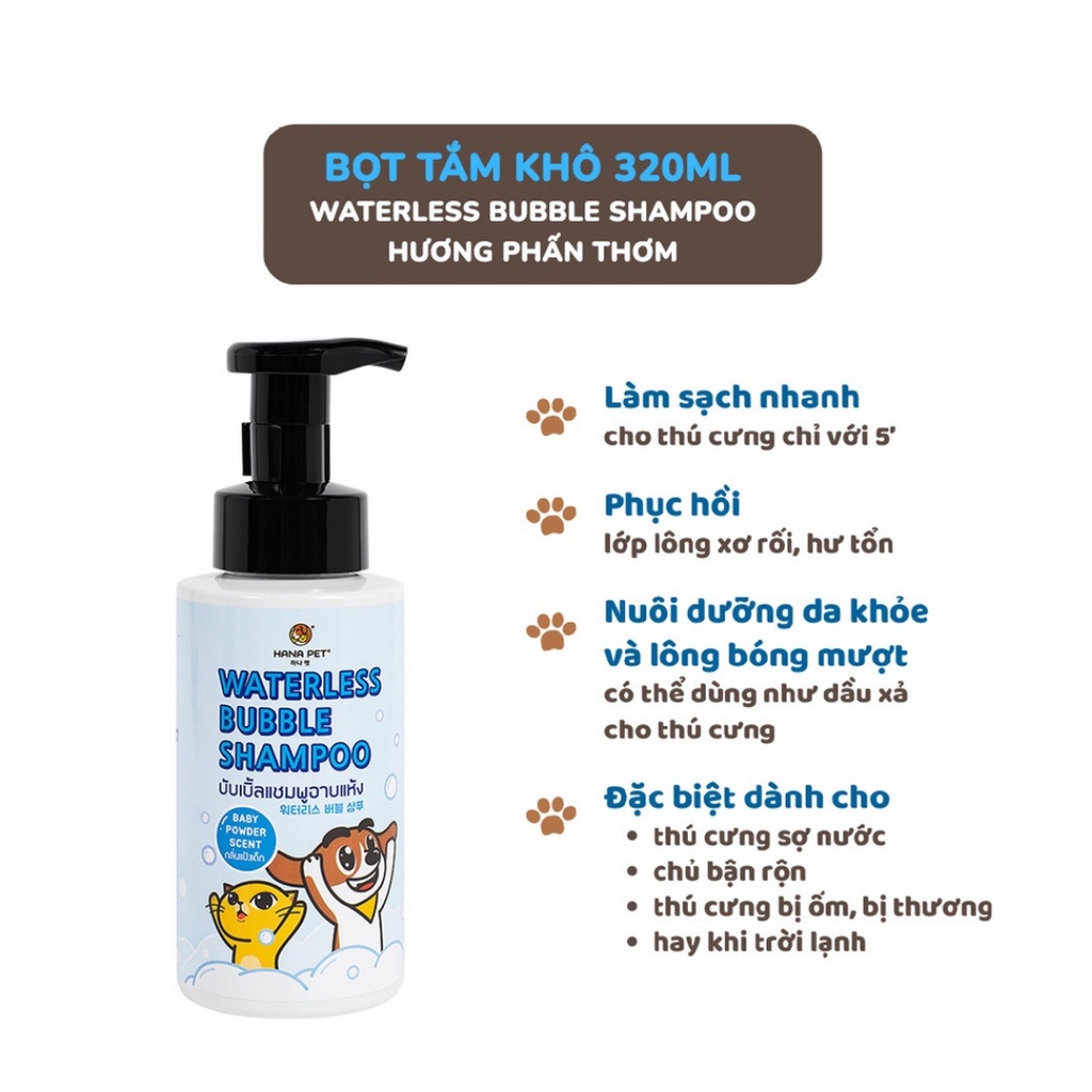 Bọt tắm khô dưỡng lông cho chó, mèo Waterless Bubble Shampoo - Hana Pet