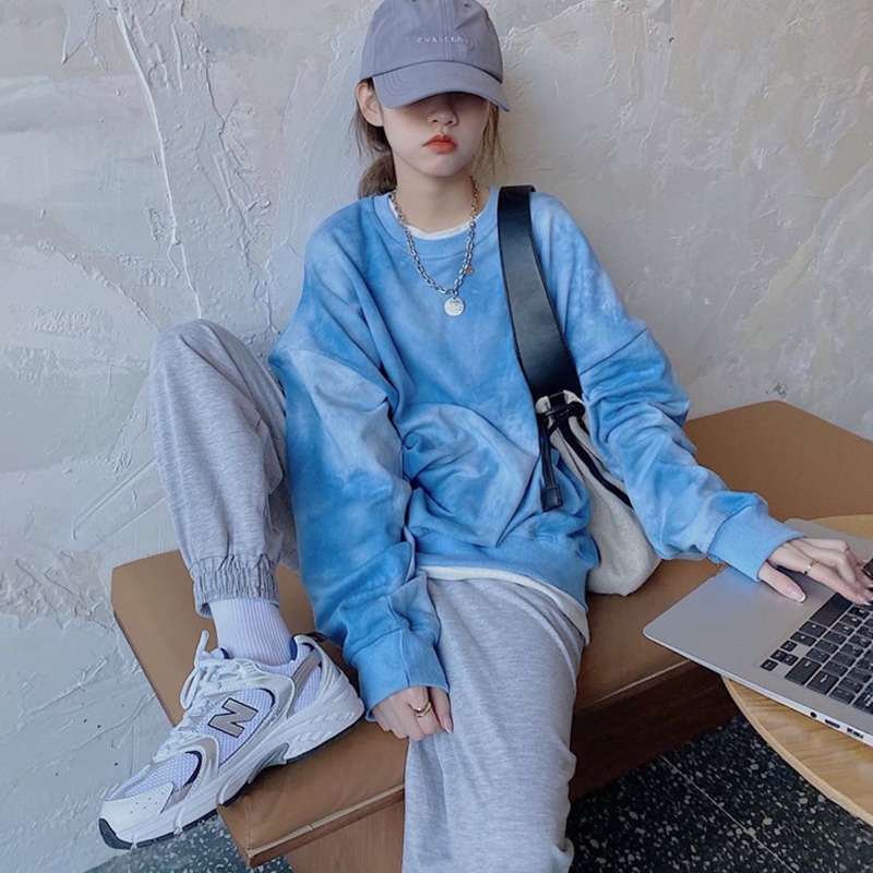 Áo Sweater Tay Dài Dáng Rộng Màu Nhuộm Kiểu Hàn Quốc Thời Trang Thu Đông