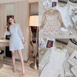 V460 Đầm dự tiệc, Váy bánh bèo chất liệu xốp, họa tiết hoa gấm, Đầm dáng xòe, nhún bèo tay cổ