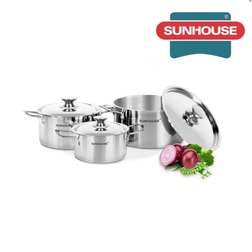 BỘ NỒI INOX 1 ĐÁY SUNHOUSE SH114 ( KÍCH THƯỚC 16-20-24CM )