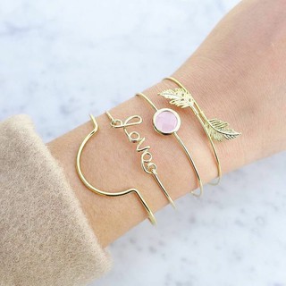 Combo 4 vòng tay nữ dạng kiềng mặt chữ Love, hình lá, đính đá