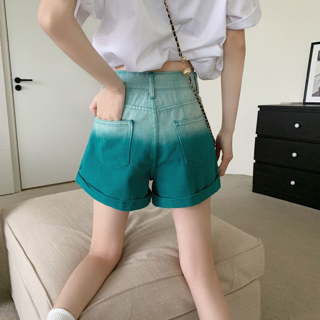 Quần Short Denim Ống Rộng Lưng Cao Màu Gradient Thiết Kế Mới Thời Trang Mùa Hè Dành Cho Nữ