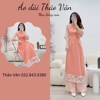 Áo dài cách tân thiết kế tay lỡ phối hoa nhí màu hồng cam ( áo dài Bách Hoa Xuân )-TV215
