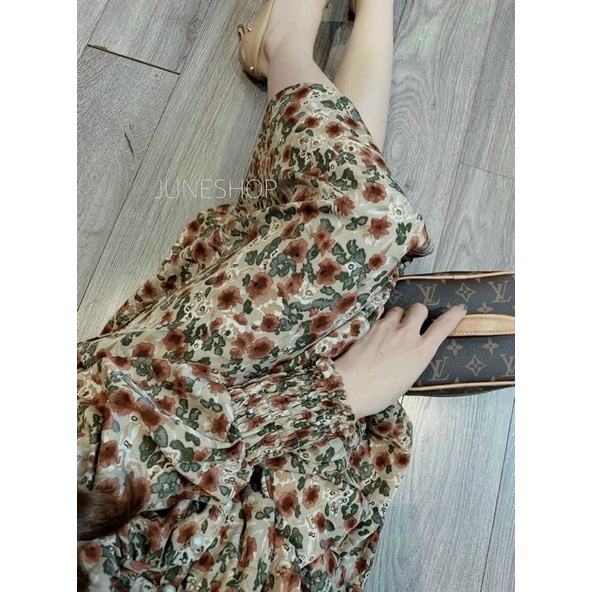 Đầm maxi hoa tay dài cổ tim diện tết đi tiệc đi chơi siêu đẹp chất vải nhập siêu xịn