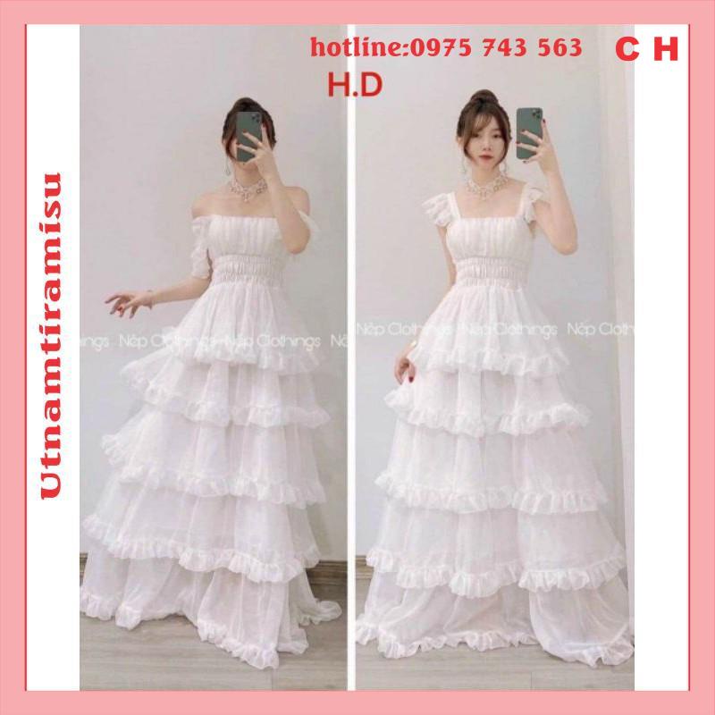 Đầm Trắng Công Chúa nhiều tầng dự tiệc👗Váy Maxi thiết kế trễ vai sang trọng Vintage Tiểu Thư🎀2 dây dáng xòe | BigBuy360 - bigbuy360.vn