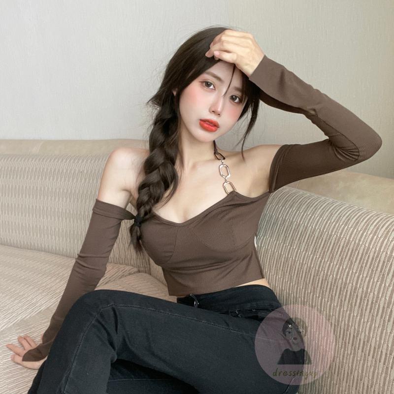 Áo Thun Dài Tay Cổ Thuyền Hở Rốn Màu Sắc Trơn Gợi Cảm Cho Nữ