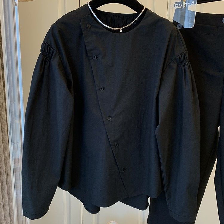 Phong Cách mới!Áo Sơ Mi Cotton Tay Dài Dáng Rộng Xếp Ly Cài Khuy Kiểu Hàn Quốc Thời Trang 202 Niche