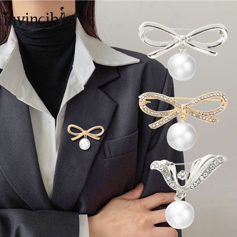 Ghim Cài Áo Hình Nơ Đính Đá Và Ngọc Trai Dễ Thương