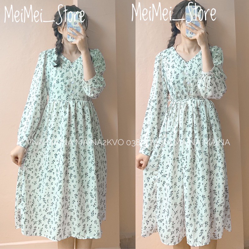 Váy voan hoa nhí cổ V QC ( Ảnh thật)