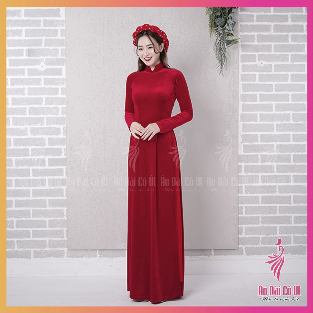 Áo dài nhung màu đỏ tươi truyền thống tay dài hàng may sẵn