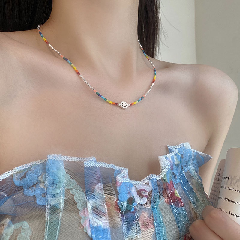Vòng Cổ Chuỗi Hạt Hình Mặt Cười Màu Cầu Vồng Phong Cách Harajuku Thời Trang