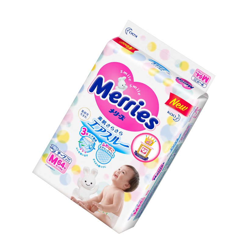 Combo 2 Tã/bỉm dán Merries size M - 64 miếng (Cho bé 6 - 11kg)