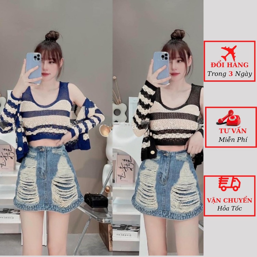 Set áo cardigan len lưới nữ kẻ ngang kèm áo 2 dây len dáng ngắn ôm body tiểu thư bánh bèo ulzzang Hàn Quốc