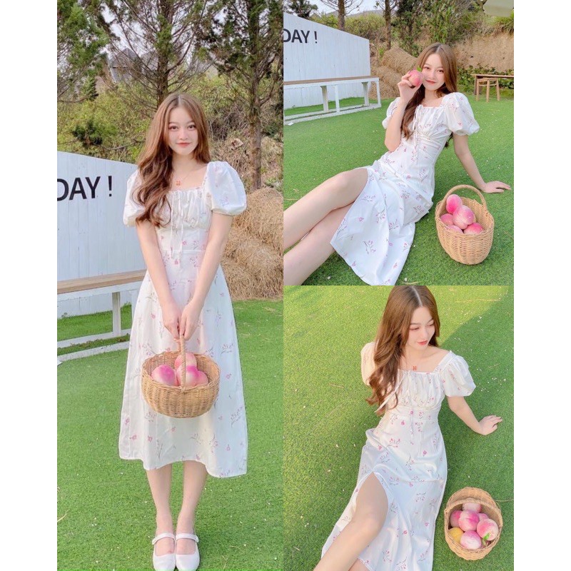 Váy Maxi Hoa Nhíu Ngực Xẻ Vạt