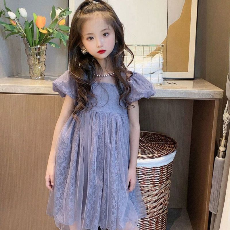 Đầm Công Chúa Tay Phồng Phối Lưới Đính Nơ Đáng Yêu Cho Bé Gái