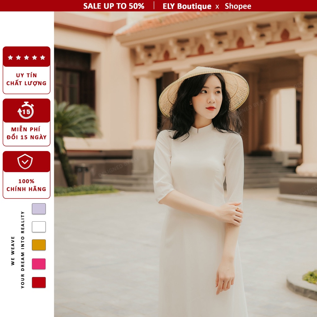 Áo dài học sinh chất mịn ELY màu trắng chất lụa 2 tà, 1 đổi 1 trong 15 ngày