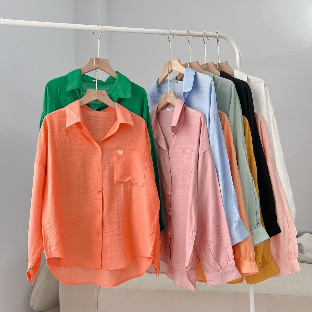 Áo Sơ Mi Nữ Tay Dài Phồng Chất Tơ Xước Thêu Tim Góc Túi Xinh Xắn, Sơ Mi Công Sở Mỏng Mát Freesize Cho Nữ SUBICI