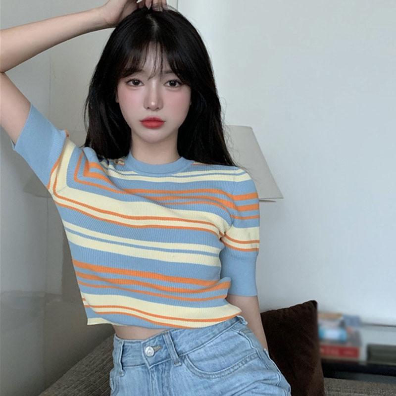 Áo Dệt Kim Ngắn Tay Kẻ Sọc Màu Cầu Vồng Đáng Yêu Kiểu Hàn Quốc