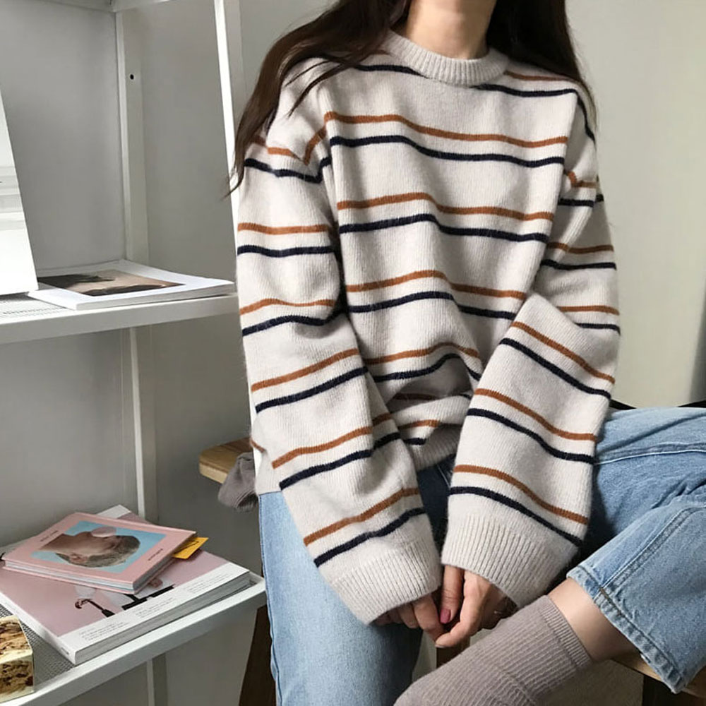 Áo Sweater Dáng Rộng Cổ Tròn Kẻ Sọc Xinh Xắn Dành Cho Nữ