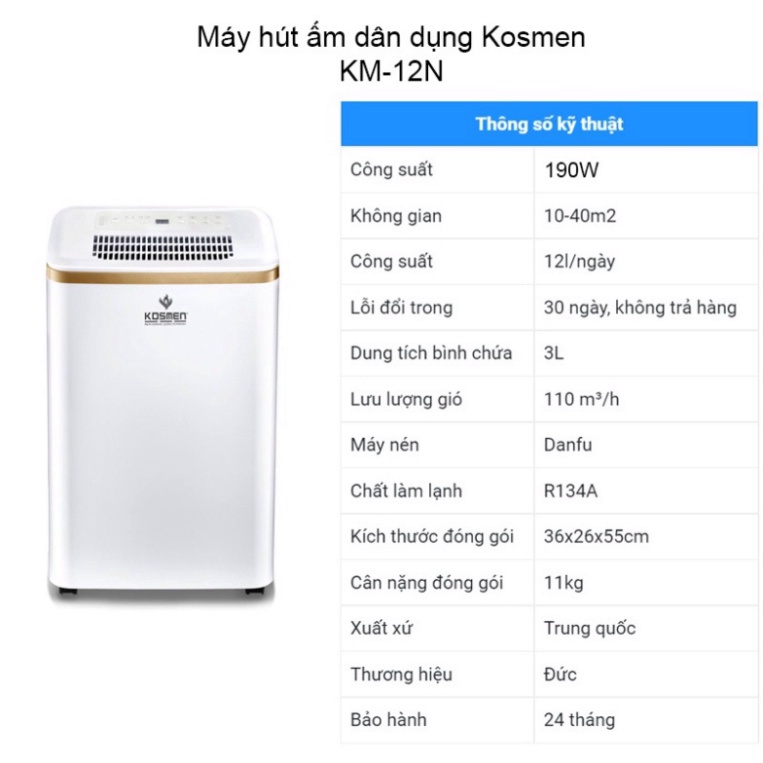 Máy lọc không khí - Máy hút ẩm không khí mini Kosmen KM-12N – Thương hiệu Đức