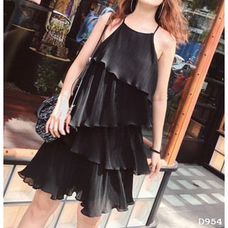[ Hình thật ] D954 Đầm dập ly cổ yếm tầng