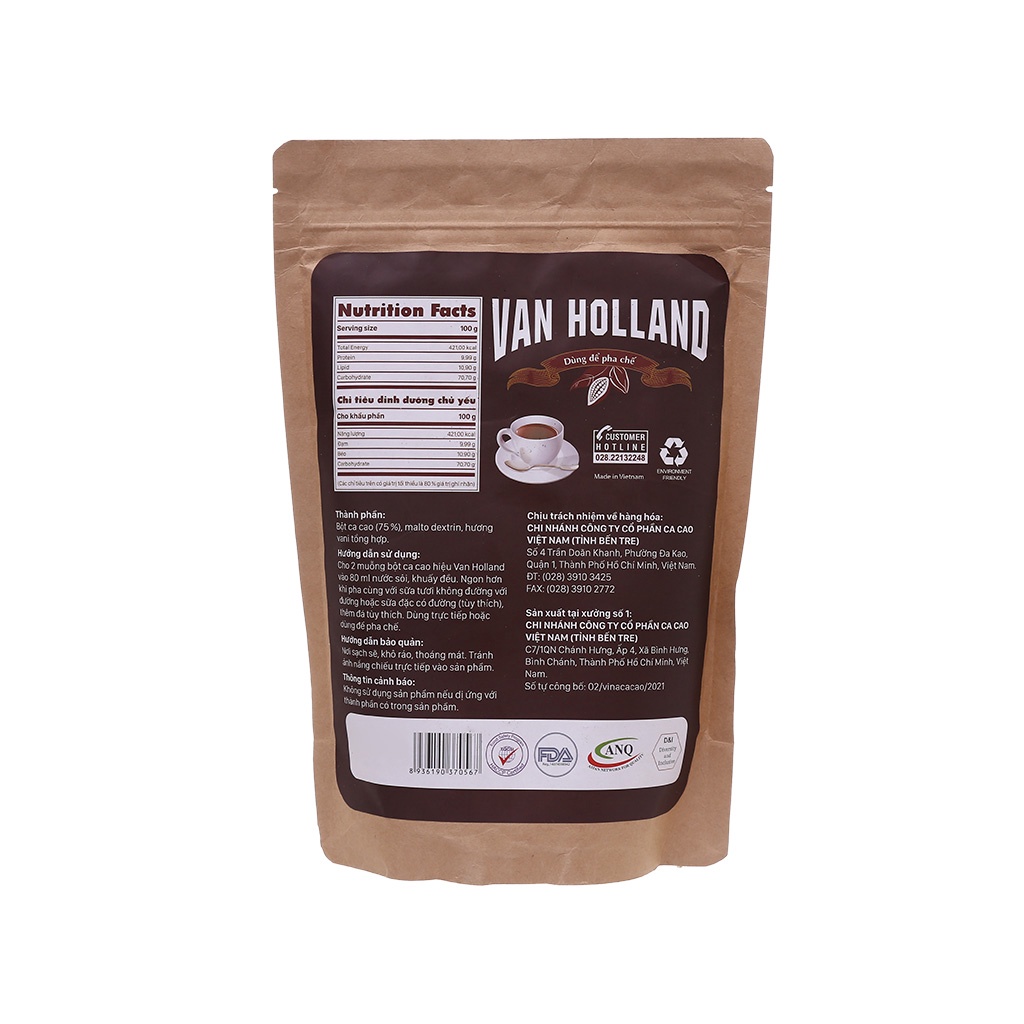 Bột ca cao không đường Van Holland bịch 500g