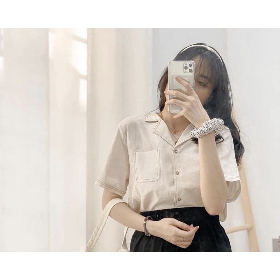 Áo sơ mi cổ vest viền chỉ nổi chất đũi Áo sơ mi viền chỉ tay ngắn cổ bẻ Lovi