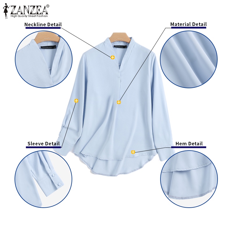 Áo sơ mi nữ ZANZEA tay dài cổ chữ V màu trơn thời trang