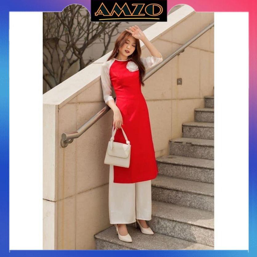 Áo Dài Cách Tân Chất Taffta Phối Tay Voan Tơ Kèm Hoa Cài Áo Màu Đỏ +  Nâu Sang Trọng, Quý Phái. | BigBuy360 - bigbuy360.vn