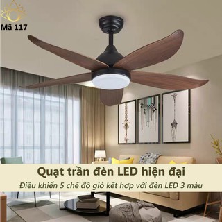Quạt trần đèn 5 cánh điều khiển từ xa lắp đặt dễ dàng 6 cấp độ gió có chức năng đảo chiều kết hợp đèn LED 3 màu hiện đại