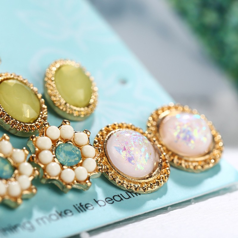 Set 6 bông tai kim loại đính đá phong cách Bô-hem dành cho nữ