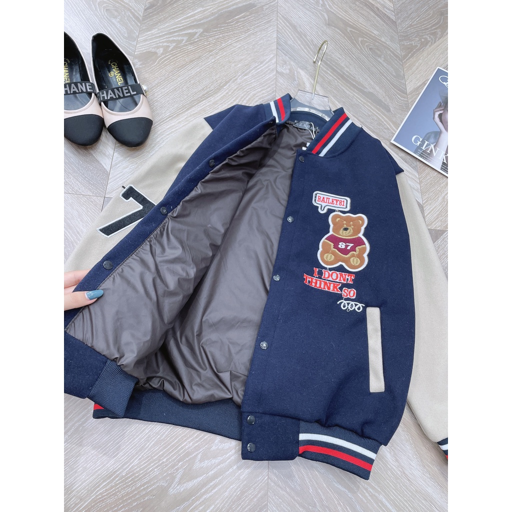 Áo khoác bomber, áo bomber hình gấu xanh than chất dạ ép dày đẹp
